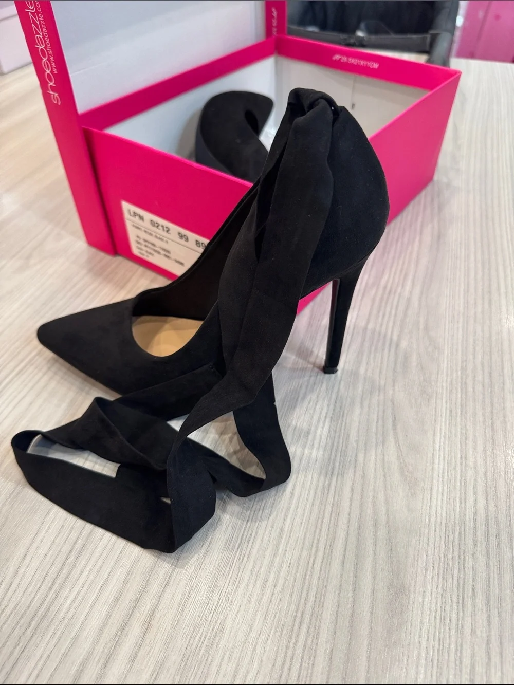 Shoe Dazzle Black Suede Pointed Stiletto Heels with straps